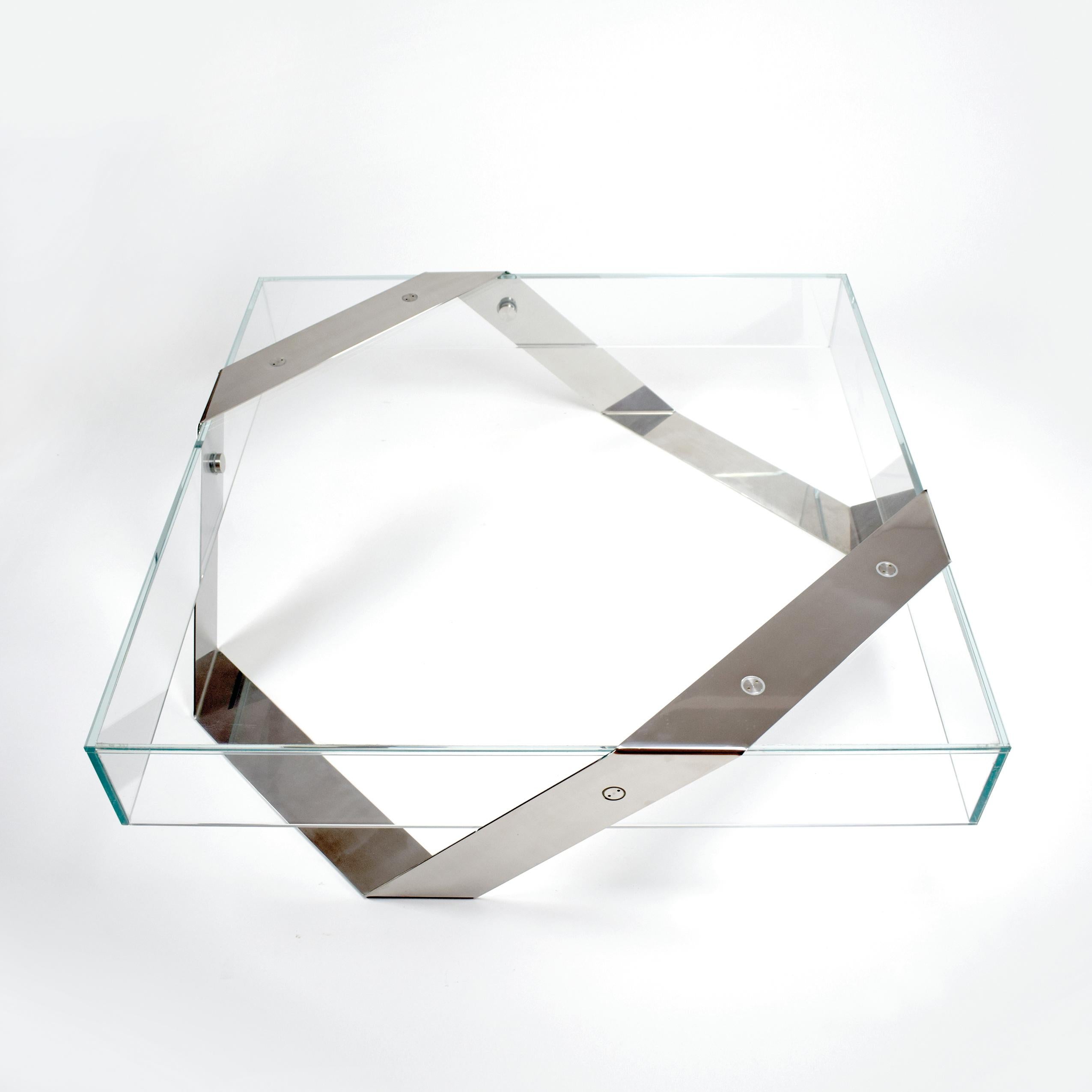 Modern Minimalist Square Center Coffee Table Glass and Brushed Stainless Steel In New Condition For Sale In Vila Nova Famalicão, PT