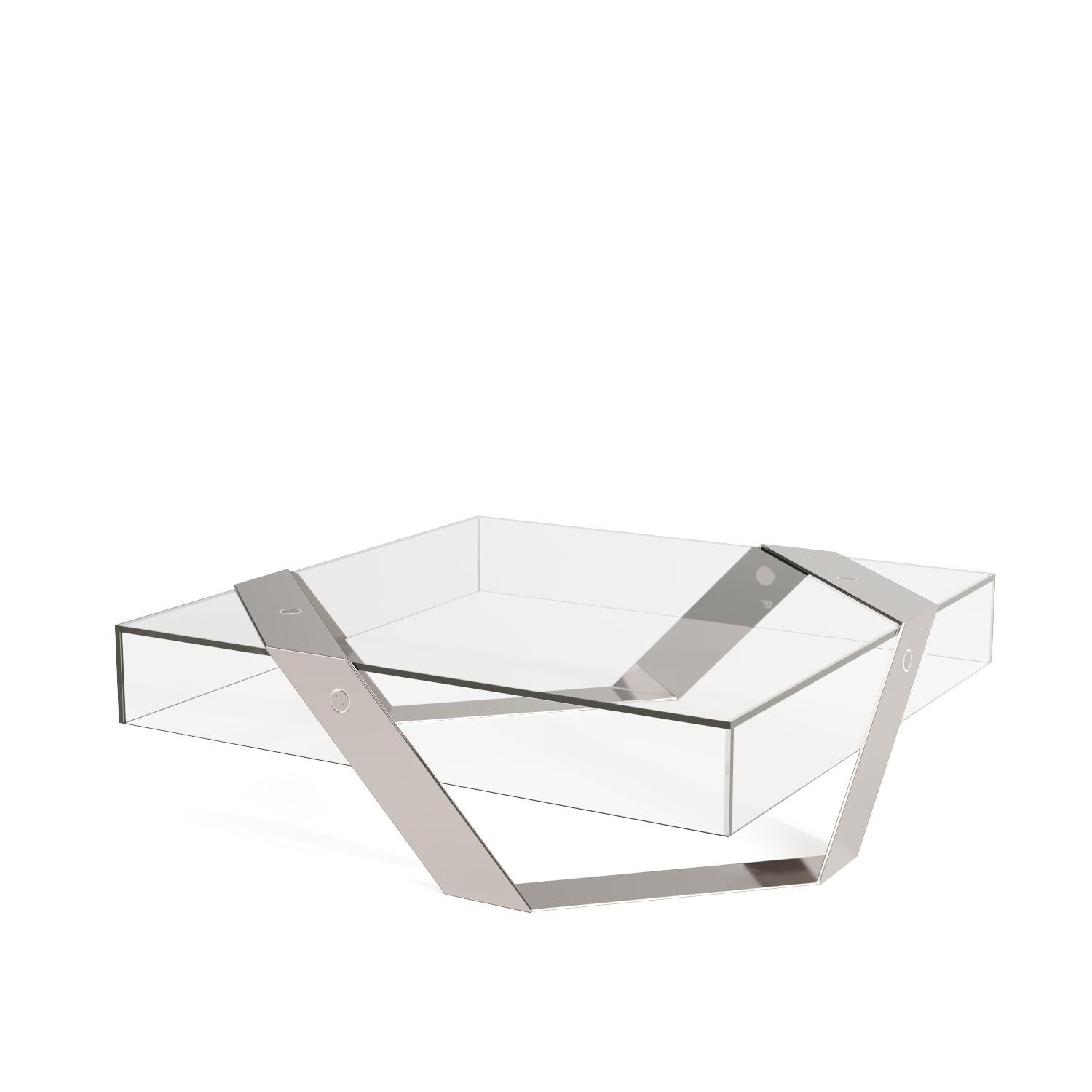 Metal Modern Minimalist Square Center Coffee Table Glass and Brushed Stainless Steel For Sale
