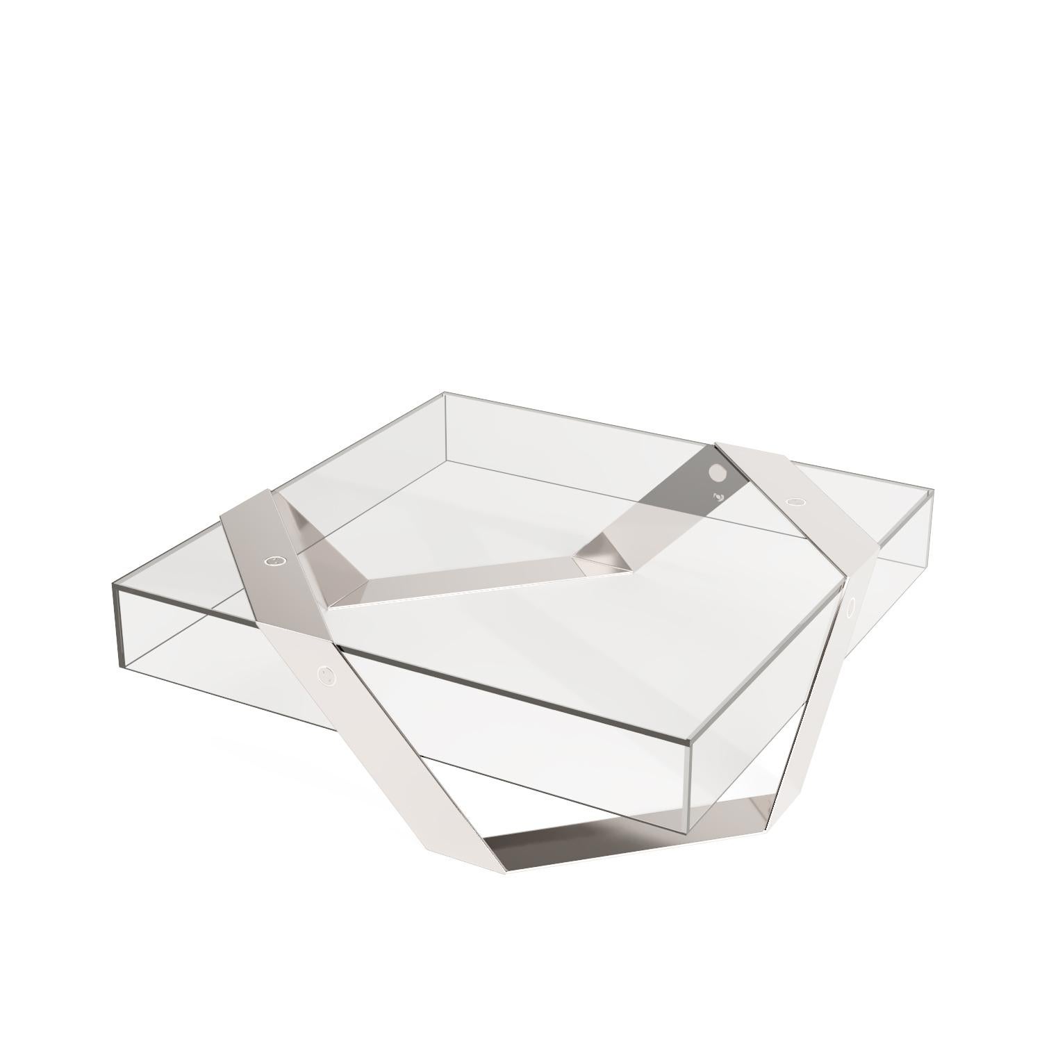 Modern Minimalist Square Center Coffee Table Glass and Brushed Stainless Steel For Sale 1