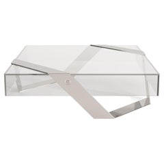 Modern Minimalist Square Center Coffee Table Glass and Brushed Stainless Steel