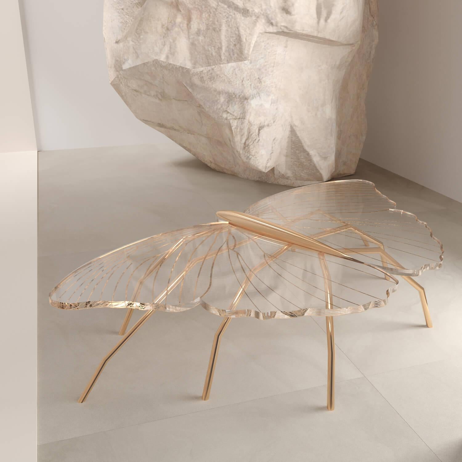 Our Nature Collection is eclectic and incomplete. The coffee table from this collection has a butterfly-inspired shape. We will always be waiting for Nature's next inspiration. 

The legs can be made of polished brass or polished copper. The
