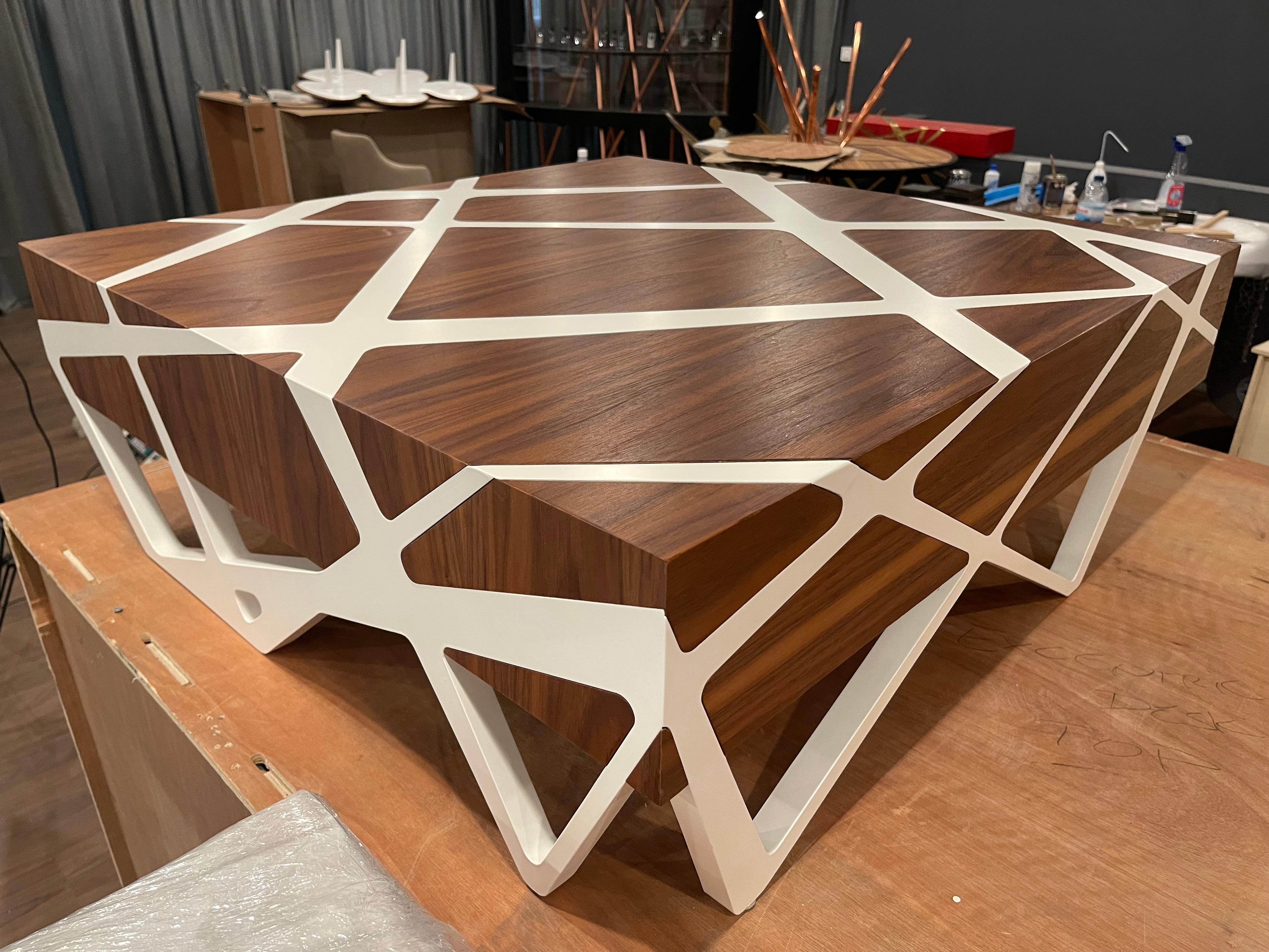 21st Century Modern Center Coffee Table in Walnut Wood and White Showroom Sample 11