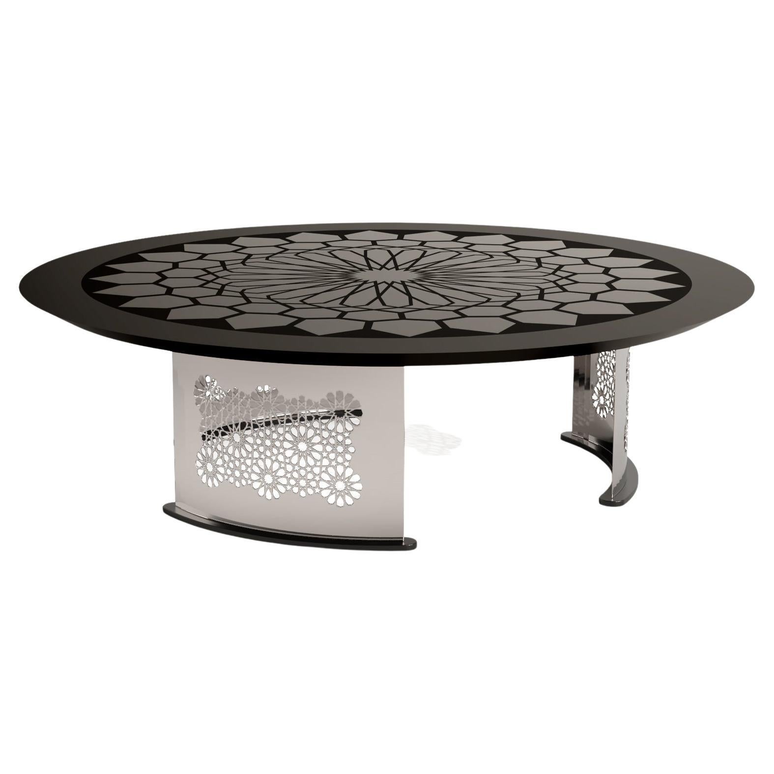 The Moderns Round Coffee Table Acier inoxydable poli Laque noire Verre noir en vente