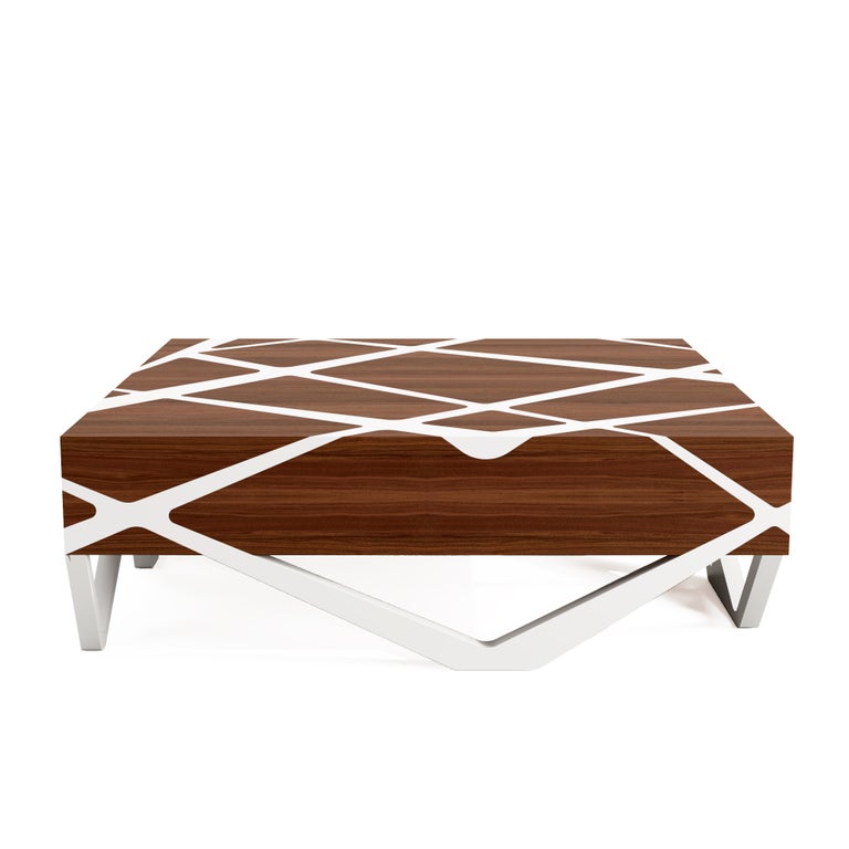 21st Century Modern Center Coffee Table in Walnut Wood and White Lacquered Wood For Sale