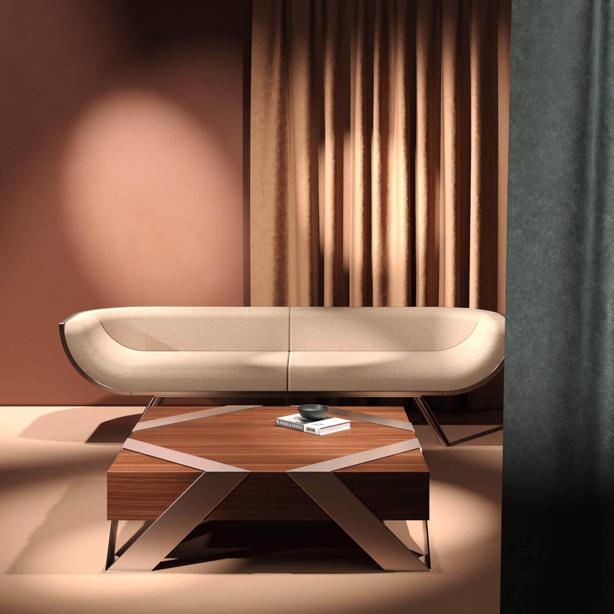 Portugais Table basse carrée minimaliste et moderne en bois de teinture inoxydable brossée en vente