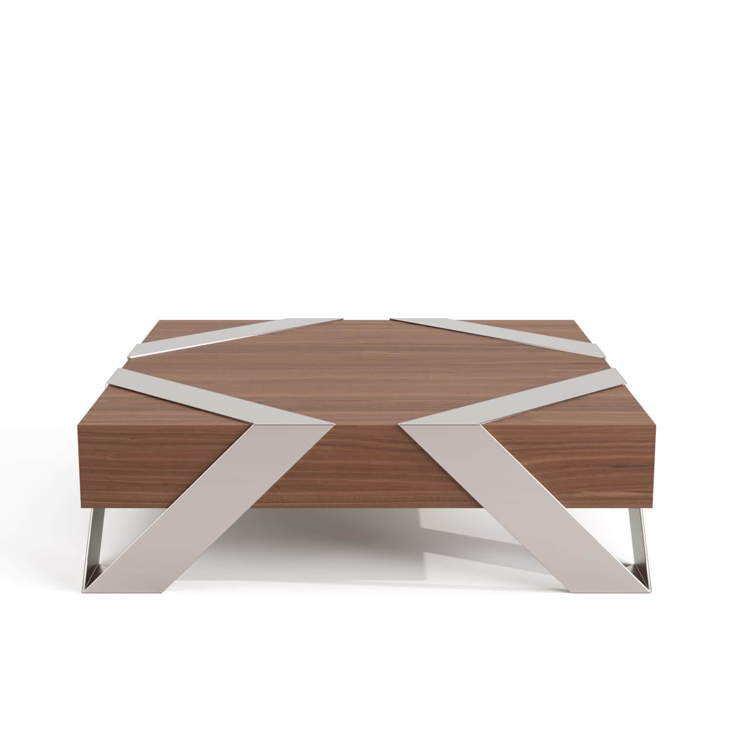Contemporary Modern Minimalist Square Center Coffee Table Tineo Wood Brushed Stainless Steel For Sale