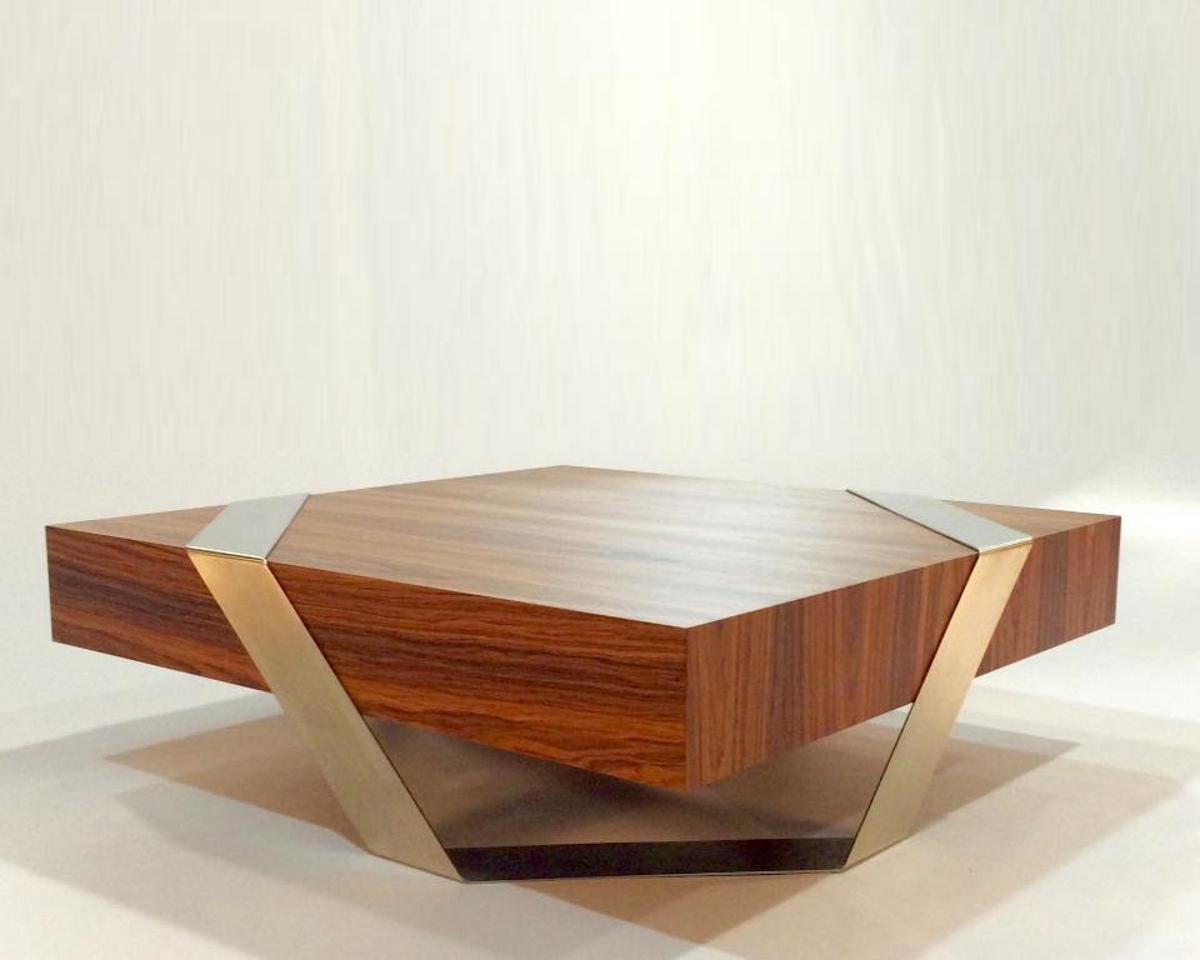 Modern Minimalist Square Center Coffee Table Walnut Wood Brushed Stainless Steel For Sale 1