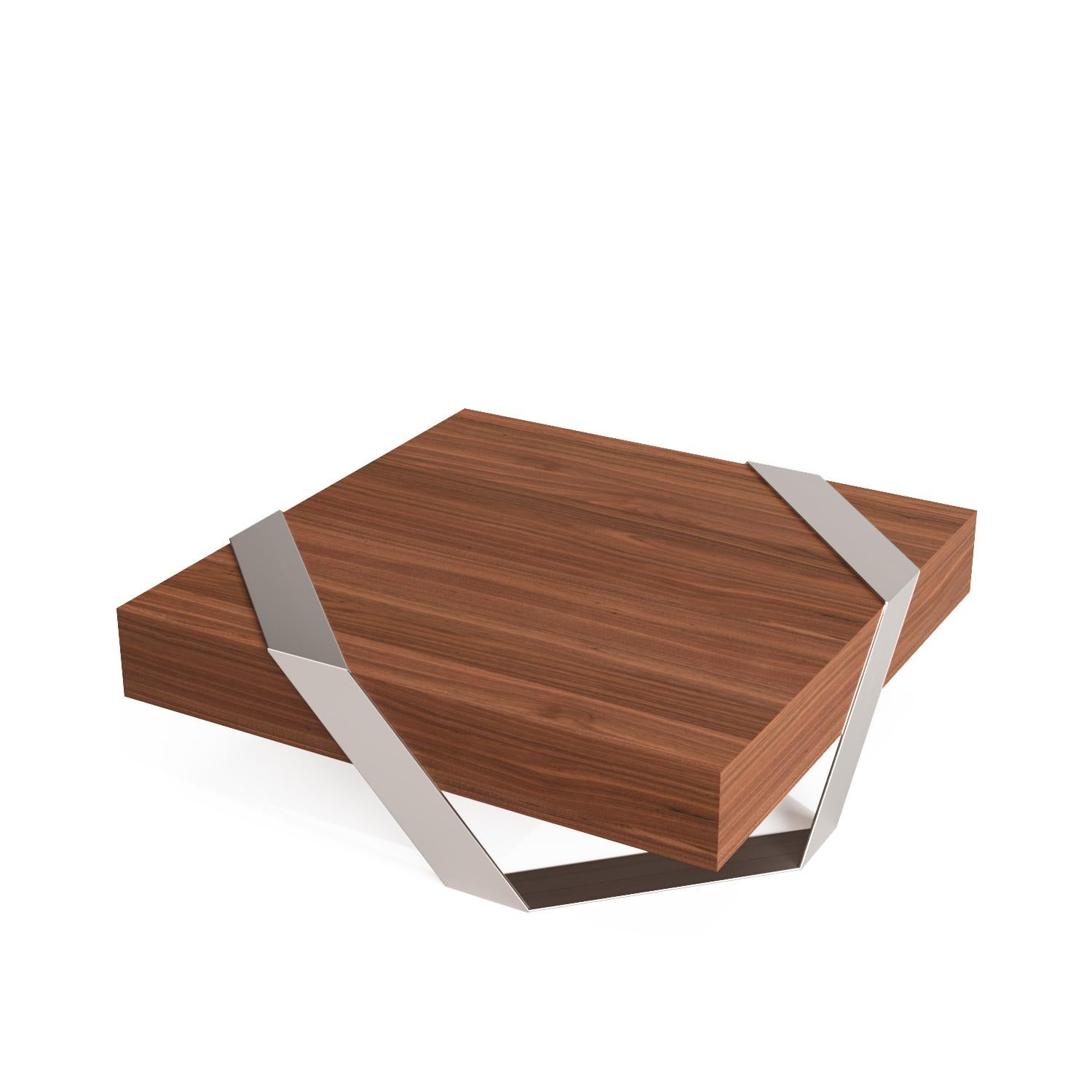 Moderner minimalistischer quadratischer Couchtisch Nussbaum Holz Gebürsteter Edelstahl (Portugiesisch) im Angebot