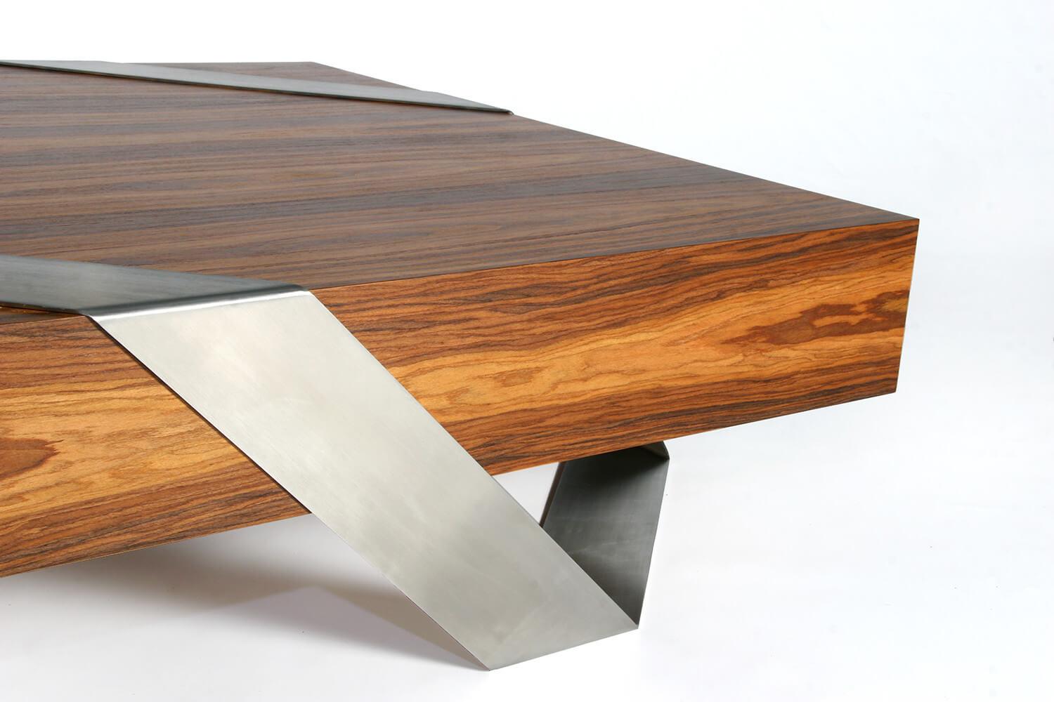 Modern Minimalist Square Center Coffee Table Walnut Wood Brushed Stainless Steel For Sale 4