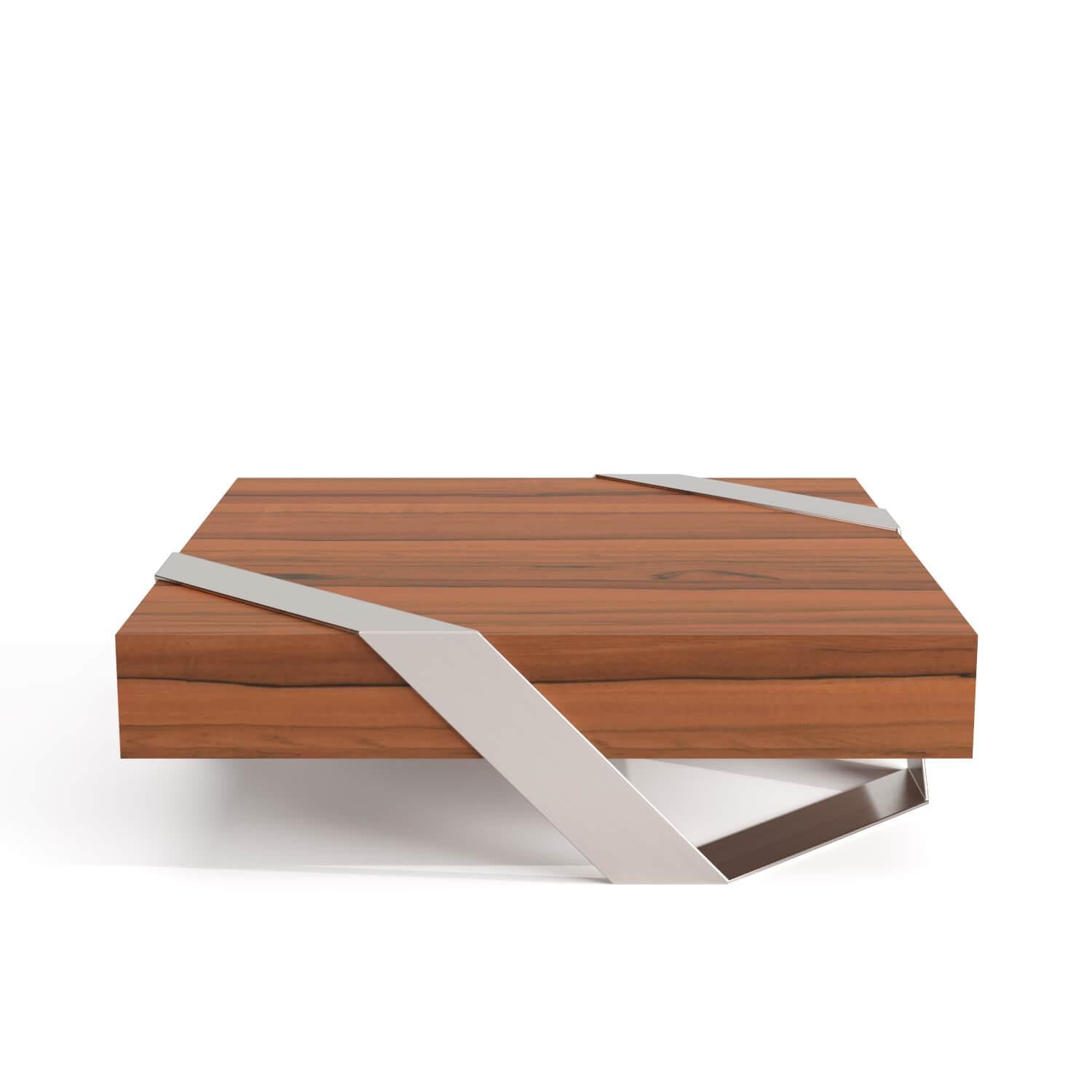 Moderner minimalistischer quadratischer Couchtisch Nussbaum Holz Gebürsteter Edelstahl im Angebot 6