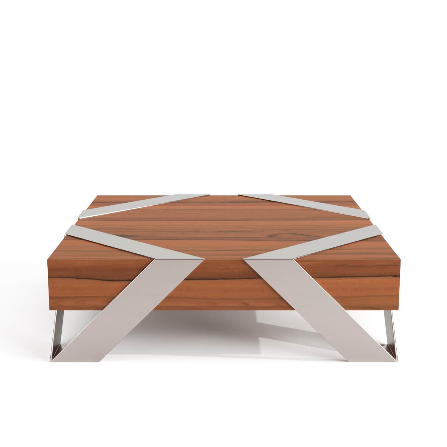 Portuguese Modern Minimalist Square Center Coffee Table Walnut Wood Brushed Stainless Steel For Sale