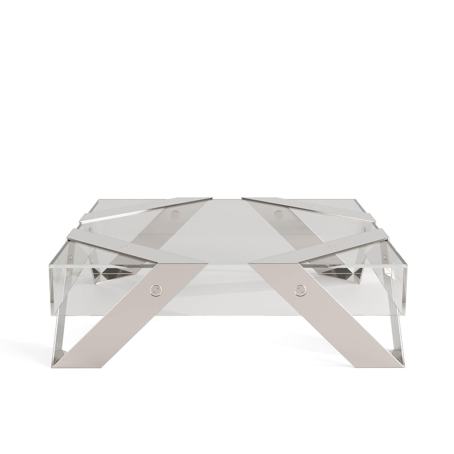 Lacquered Modern Minimalist Square Center Coffee Table Walnut Wood Brushed Stainless Steel For Sale