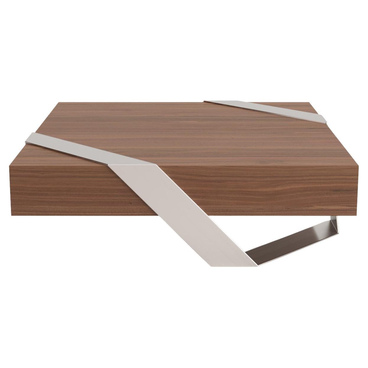Modern Minimalist Square Center Coffee Table Walnut Wood Brushed Stainless Steel