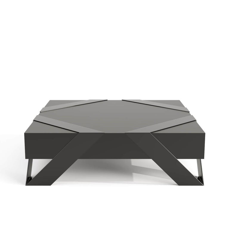 21st Century Modern Center Coffee Table White Lacquer & Brushed Stainless Steel For Sale 7