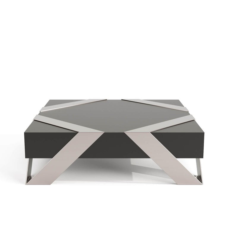 21st Century Modern Center Coffee Table White Lacquer & Brushed Stainless Steel For Sale 8