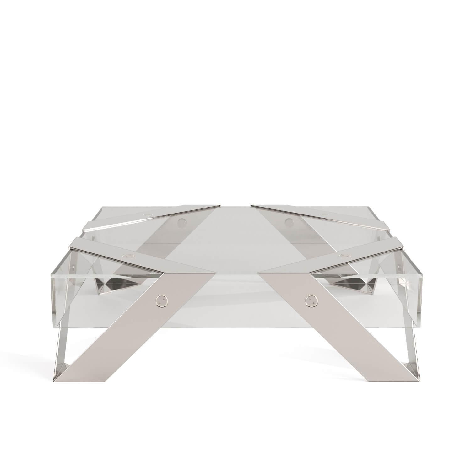 Modern Minimalist Square Coffee Table White Lacquer Brushed Stainless Steel For Sale 8