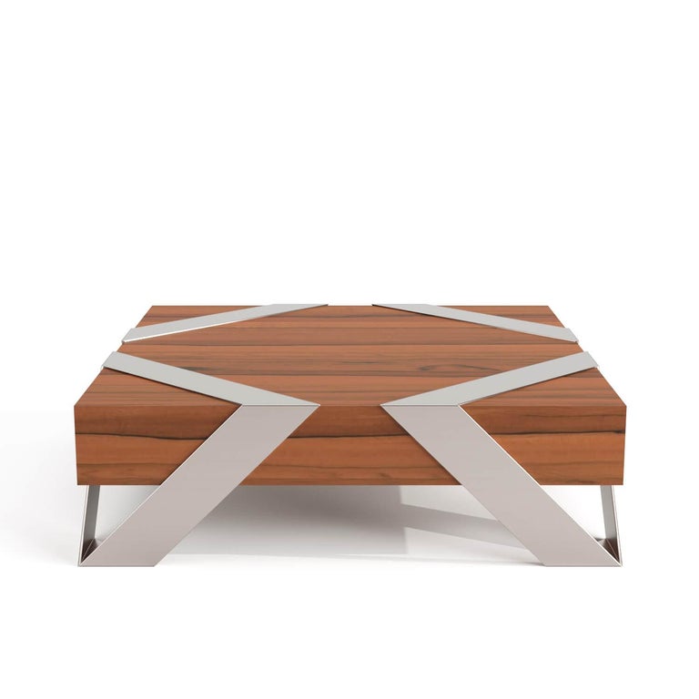 21st Century Modern Center Coffee Table White Lacquer & Brushed Stainless Steel For Sale 10