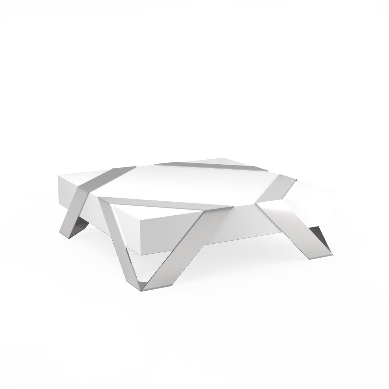 Portuguese Modern Minimalist Square Coffee Table White Lacquer Brushed Stainless Steel For Sale