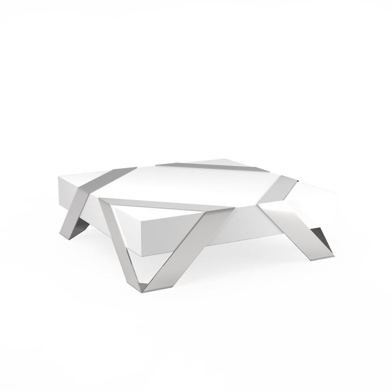 Polished 21st Century Modern Center Coffee Table White Lacquer & Brushed Stainless Steel For Sale