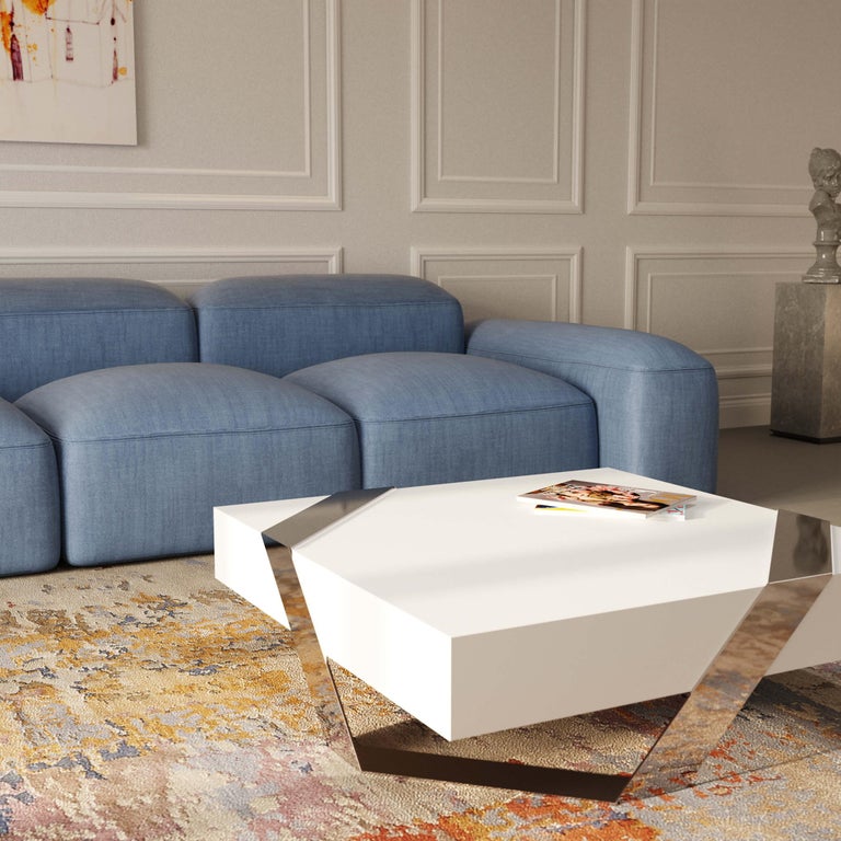 Contemporary 21st Century Modern Center Coffee Table White Lacquer & Brushed Stainless Steel For Sale