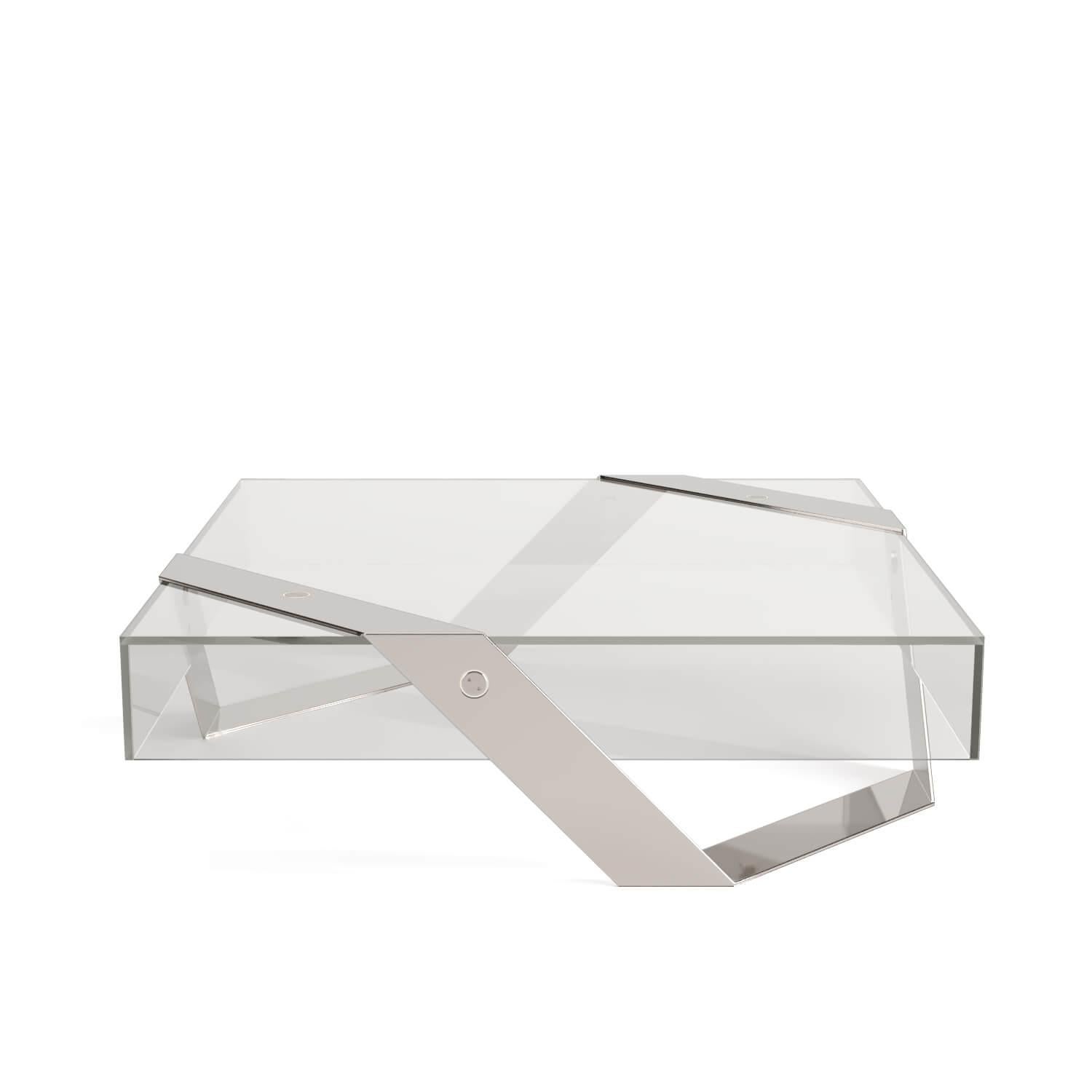 Modern Minimalist Square Coffee Table White Lacquer Brushed Stainless Steel For Sale 2
