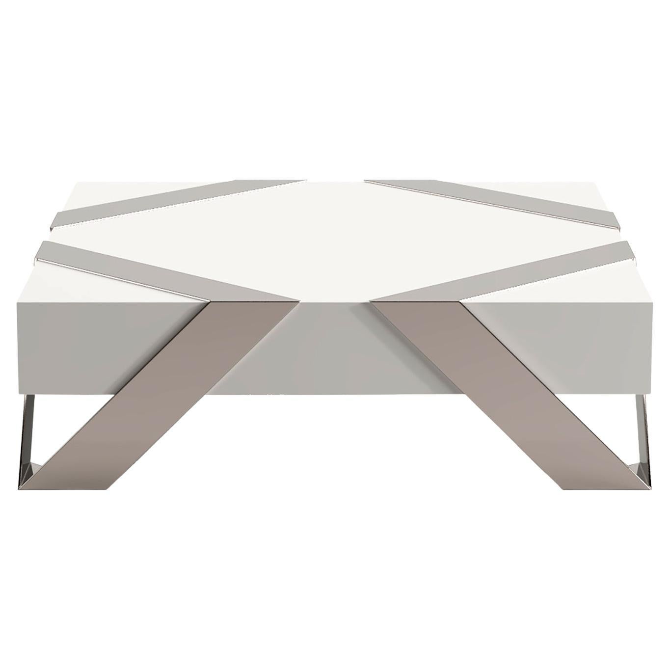 21st Century Modern Center Coffee Table White Lacquer & Brushed Stainless Steel