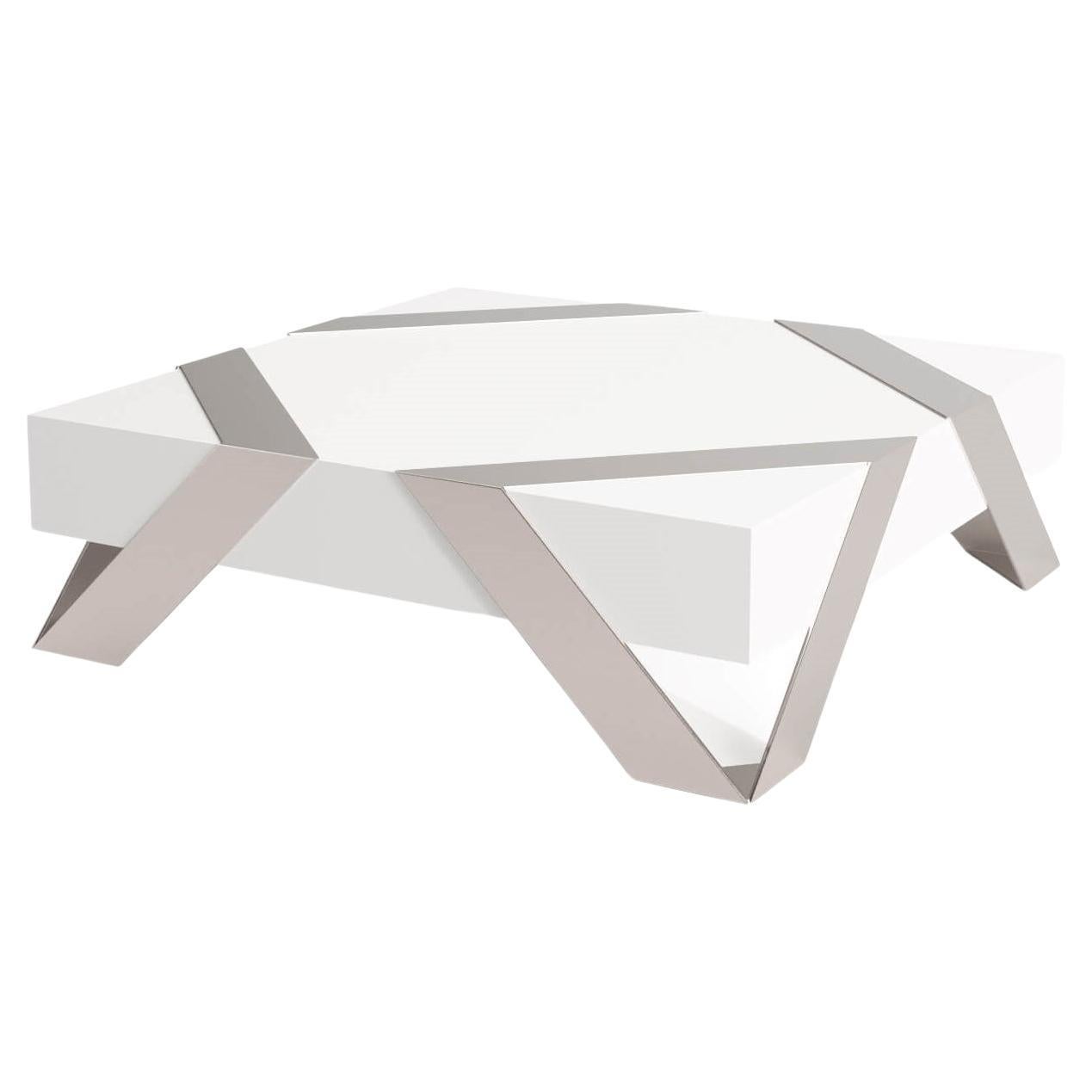 Modern Minimalist Square Coffee Table White Lacquer Brushed Stainless Steel For Sale