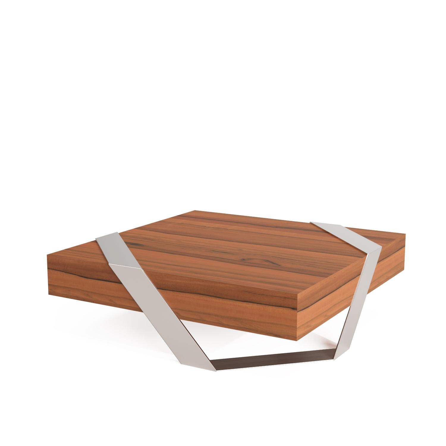 Modern Minimalist Square Center Coffee Table Tineo Wood Brushed Stainless Steel In New Condition For Sale In Vila Nova Famalicão, PT