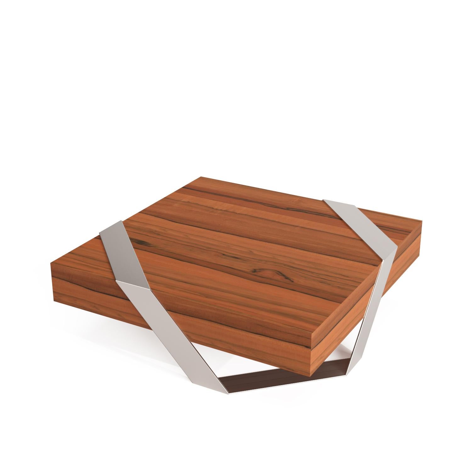 Contemporary Modern Minimalist Square Center Coffee Table Tineo Wood Brushed Stainless Steel For Sale