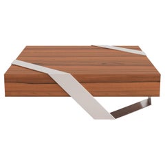 Minimalist Square Center Coffee Table in Tineo Wood and Brushed Stainless Steel