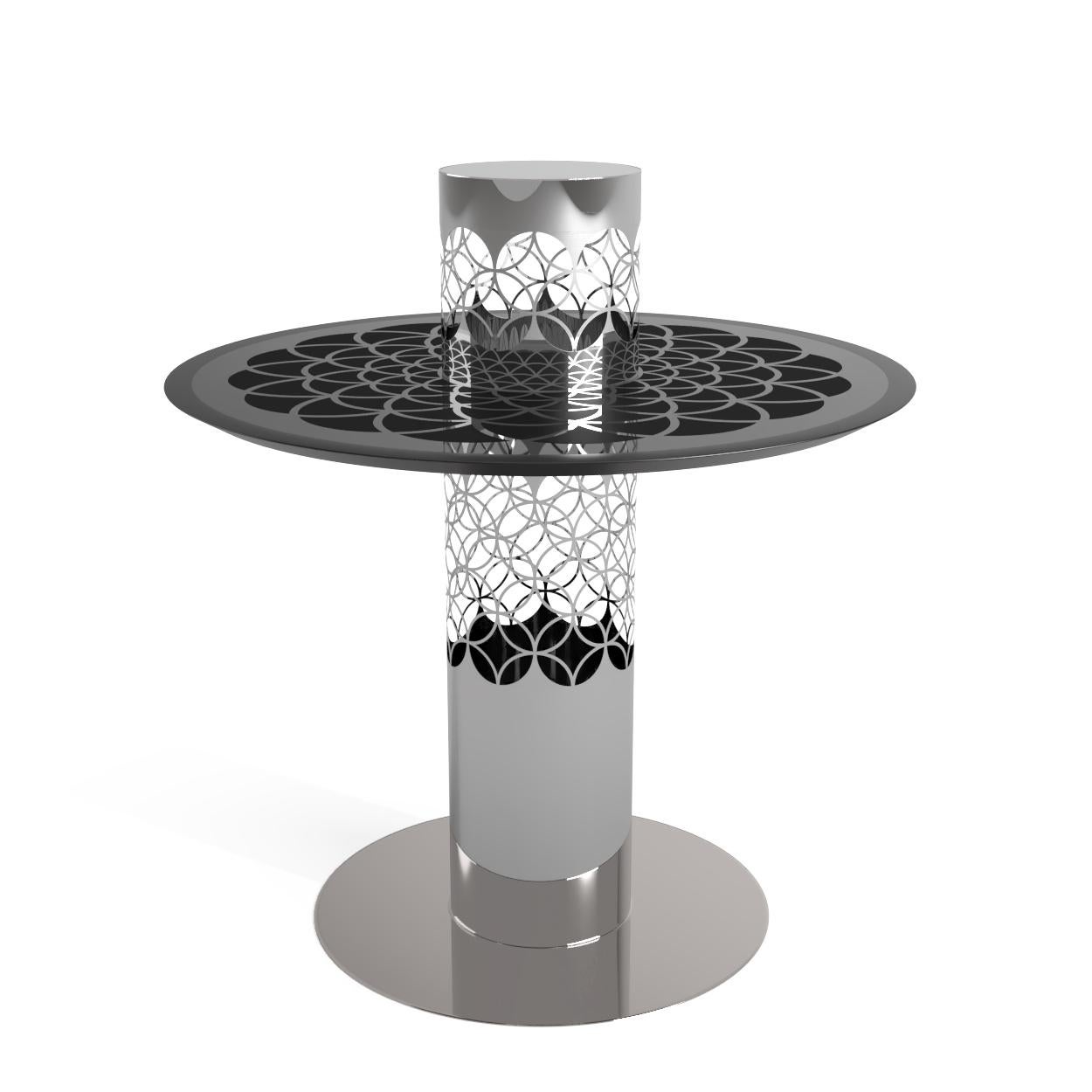 Modern Arabic-Inspired Center Tea Table Polished Stainless Steel and Black Glass For Sale 3