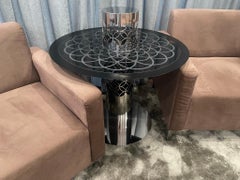Modern Arabic-Inspired Center Tea Table Polished Stainless Steel and Black Glass