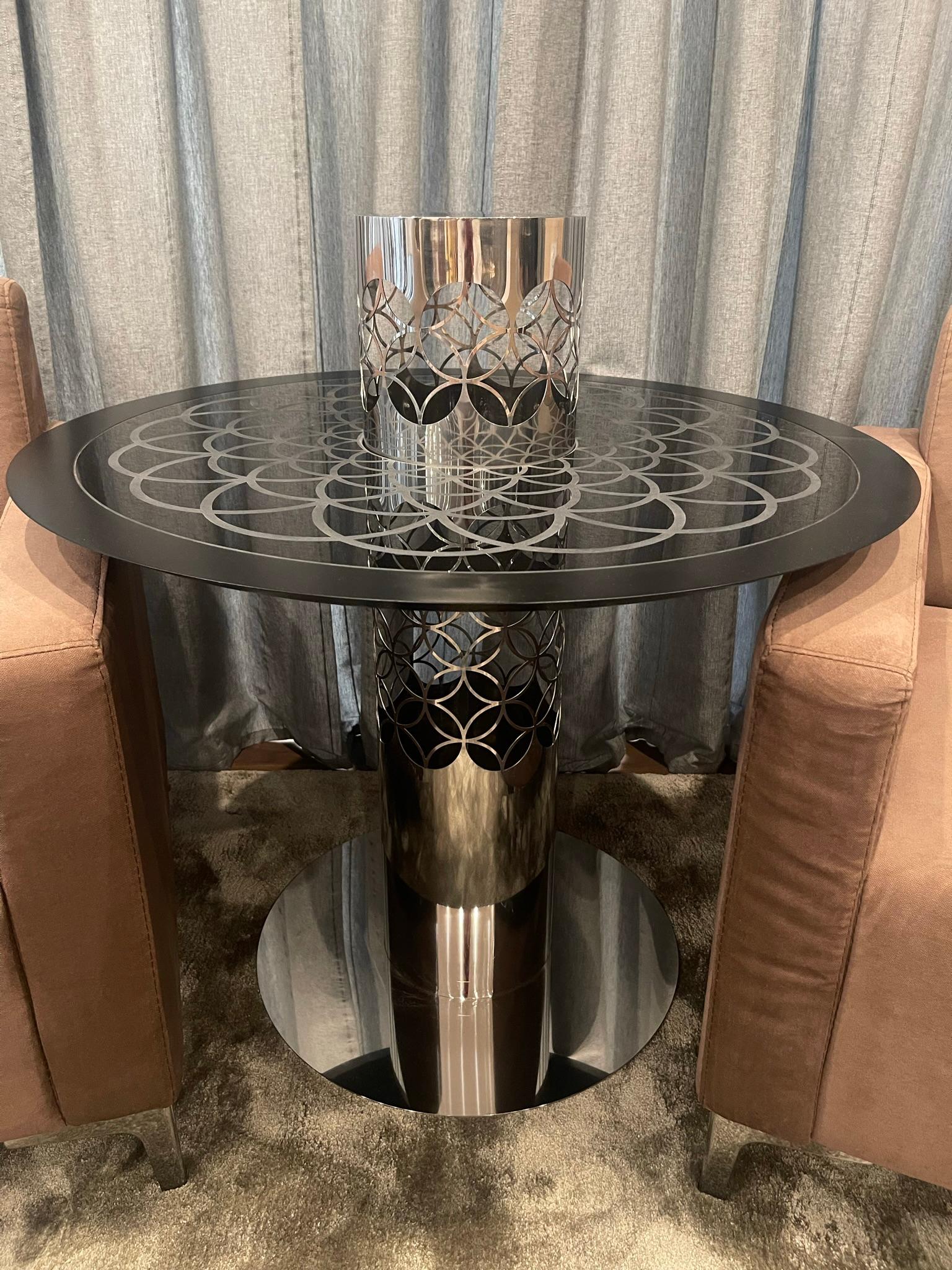 Portuguese Modern Arabic-Inspired Center Tea Table Polished Stainless Steel and Black Glass For Sale