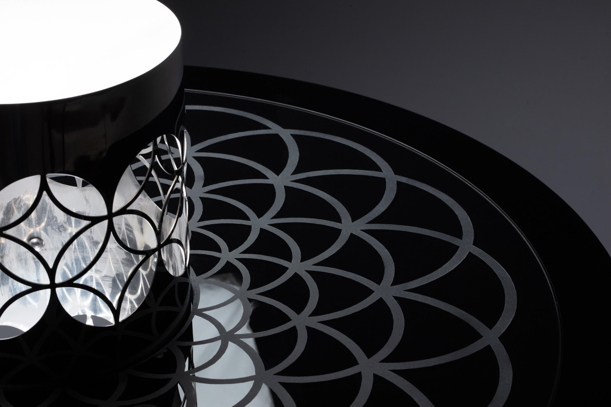 Metal Modern Arabic-Inspired Center Tea Table Polished Stainless Steel and Black Glass For Sale