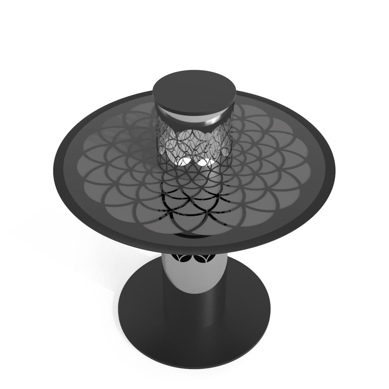 Modern Arabic-Inspired Center Tea Table Polished Stainless Steel and Black Glass For Sale 2
