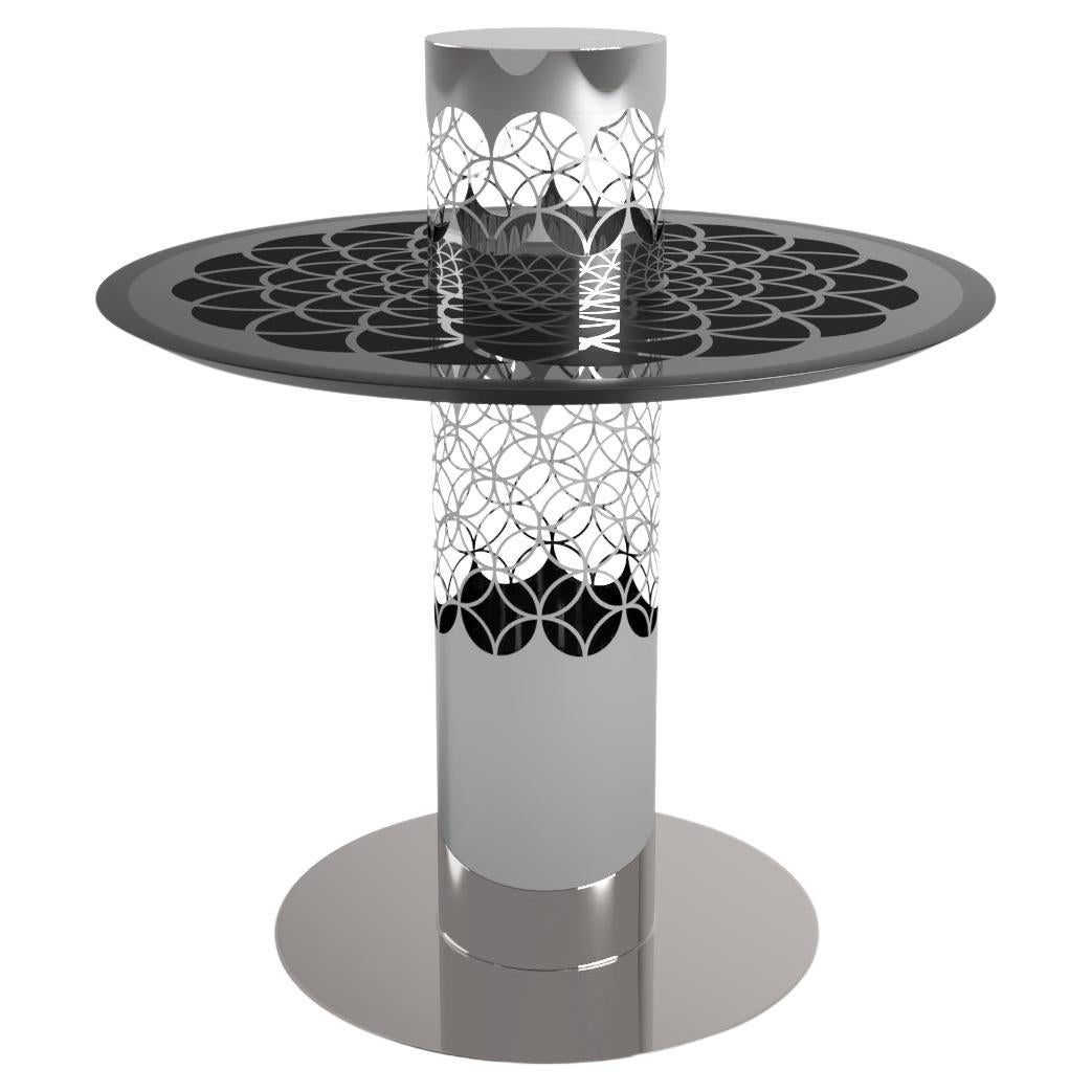 Modern Arabic-Inspired Center Tea Table Polished Stainless Steel and Black Glass For Sale
