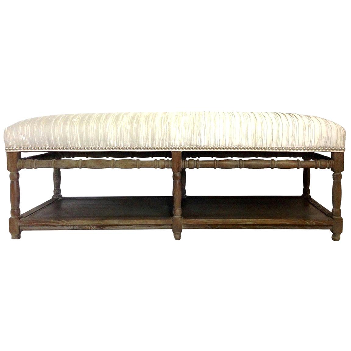 21st Century Modern Cerused Wood and Silver Silk Metallic Upholstered Wood Bench For Sale