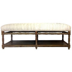 21st Century Modern Cerused Wood and Silver Silk Metallic Upholstered Wood Bench