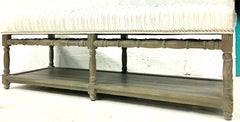 21st Century Modern Cerused Wood and Silver Silk Metallic Upholstered Wood Bench