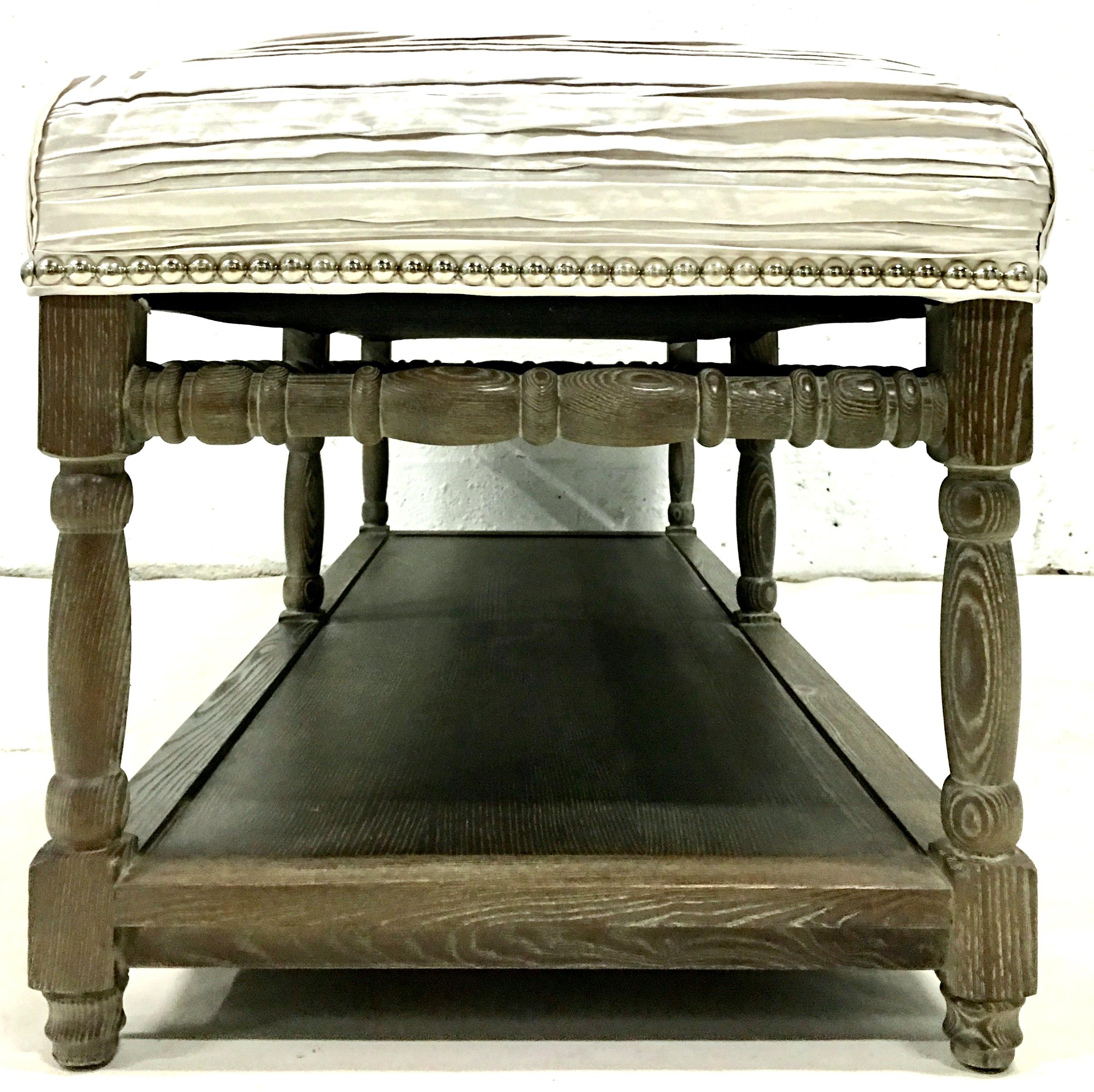 Contemporary 21st Century Modern Cerused Wood & Silver Silk Metallic Upholstered Wood Bench