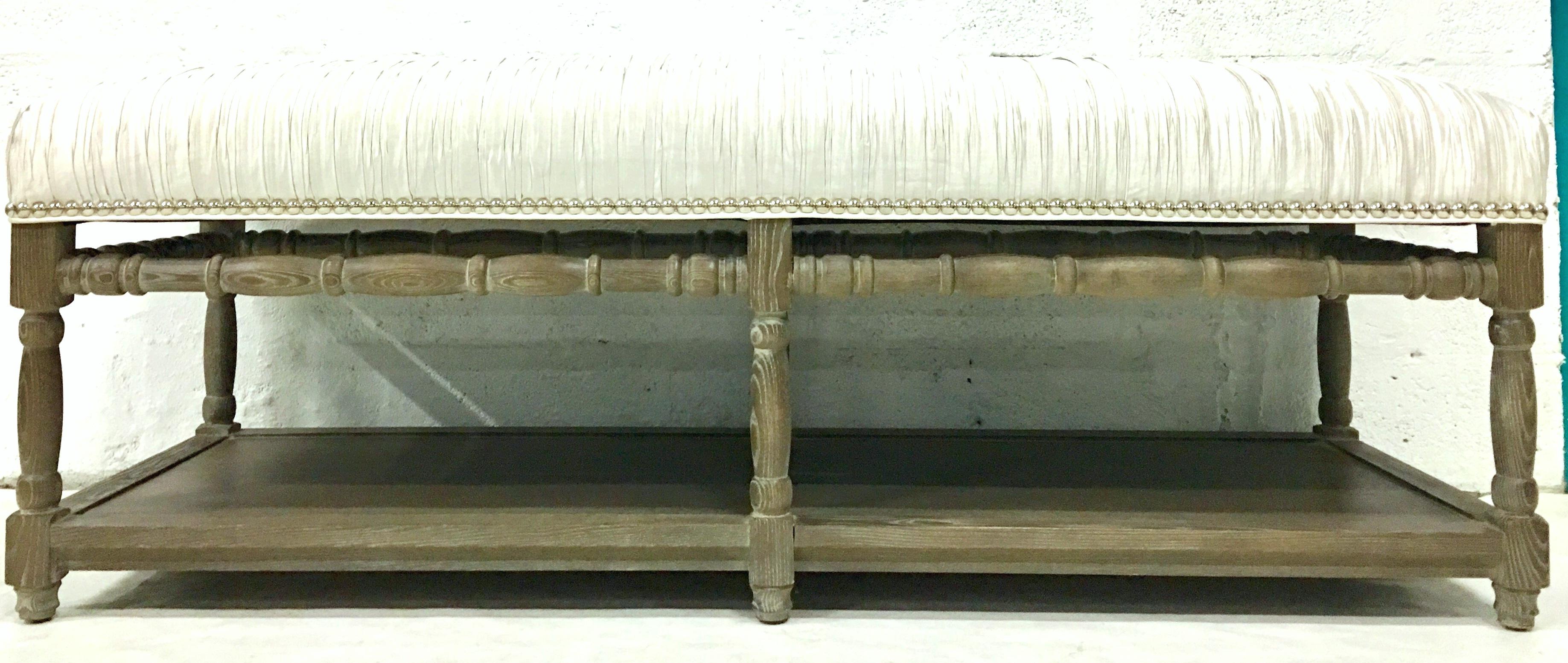 Fabric 21st Century Modern Cerused Wood and Silver Silk Metallic Upholstered Wood Bench For Sale