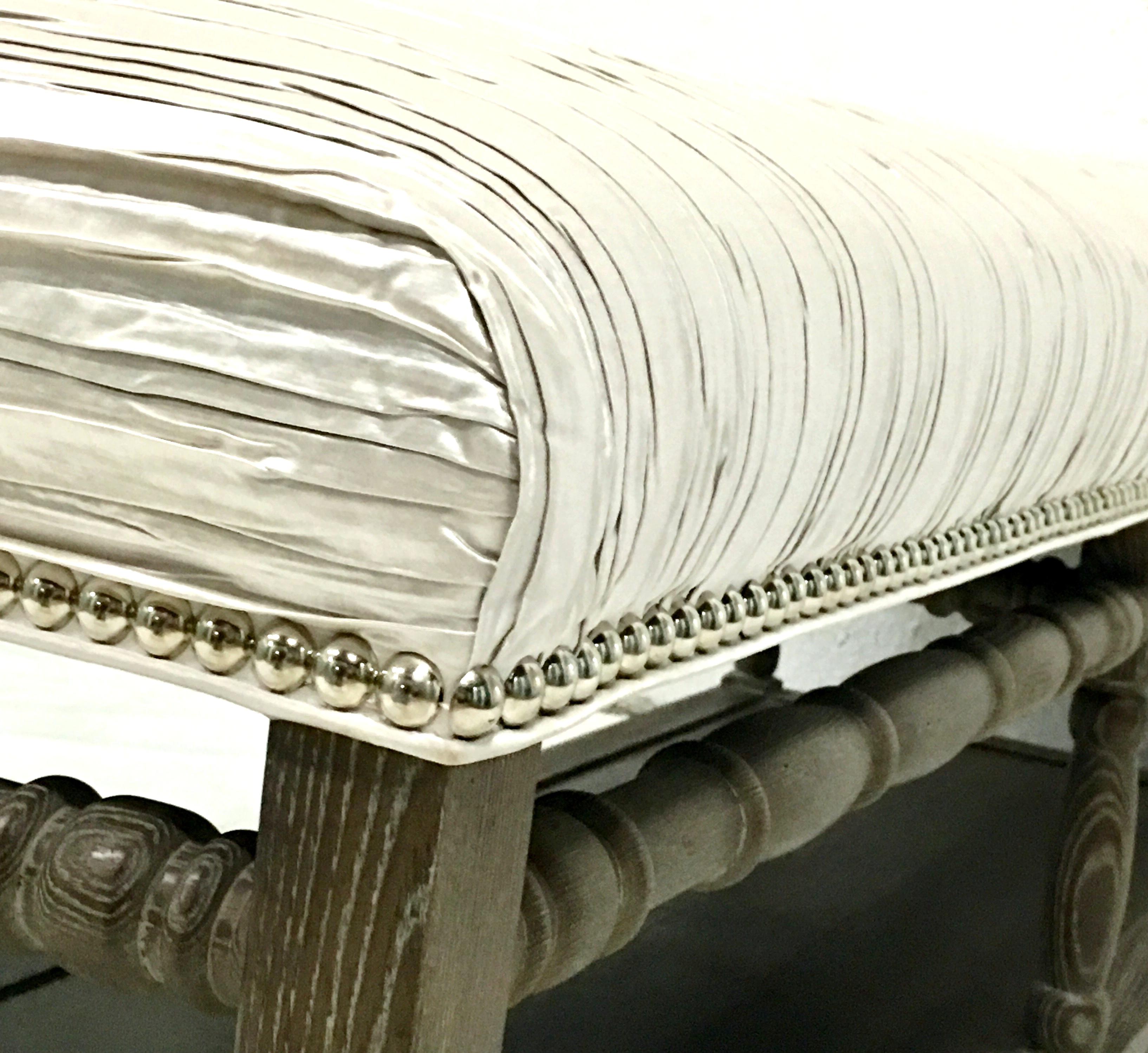 21st Century Modern Cerused Wood & Silver Silk Metallic Upholstered Wood Bench 1