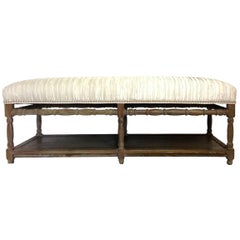 21st Century Modern Cerused Wood & Silver Silk Metallic Upholstered Wood Bench