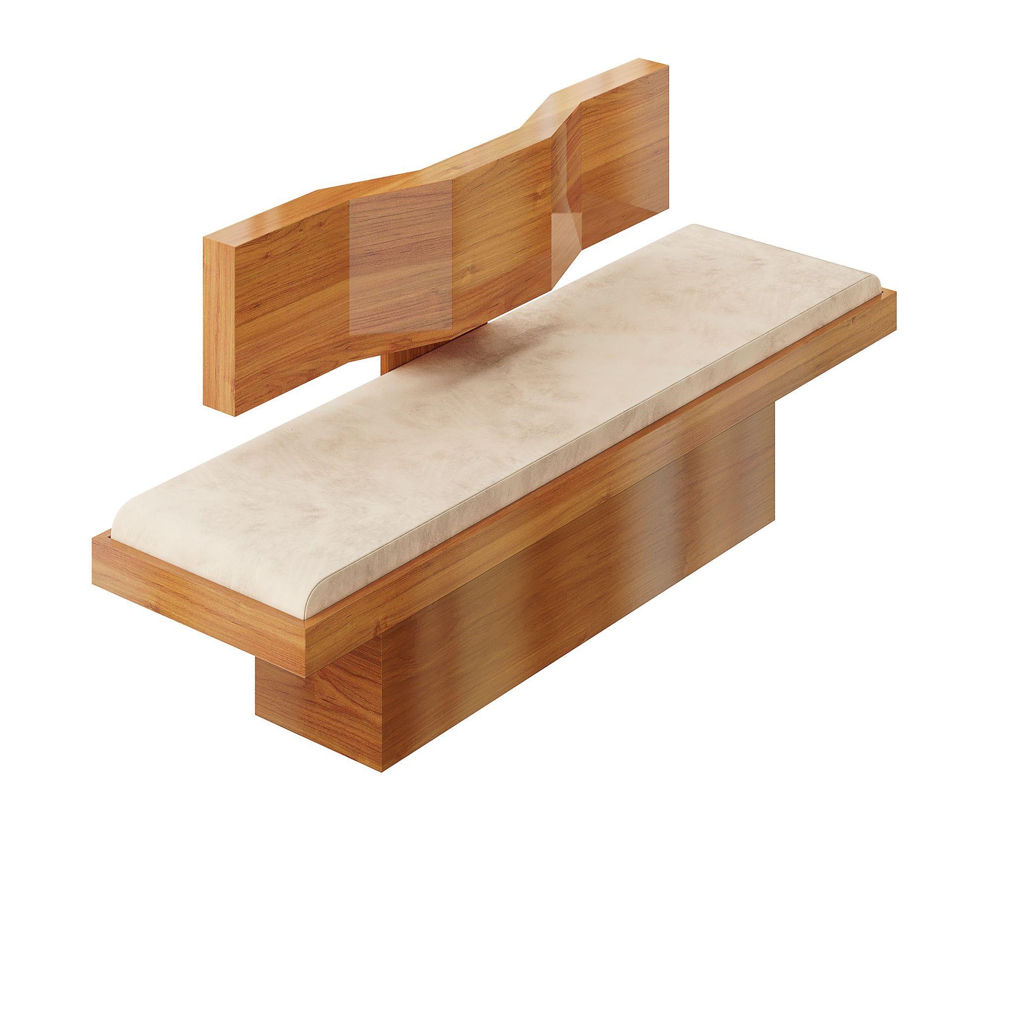 Portuguese 21st Century Modern Cherry Wood Bench Cream Velvet Seat Arts & Crafts Style For Sale