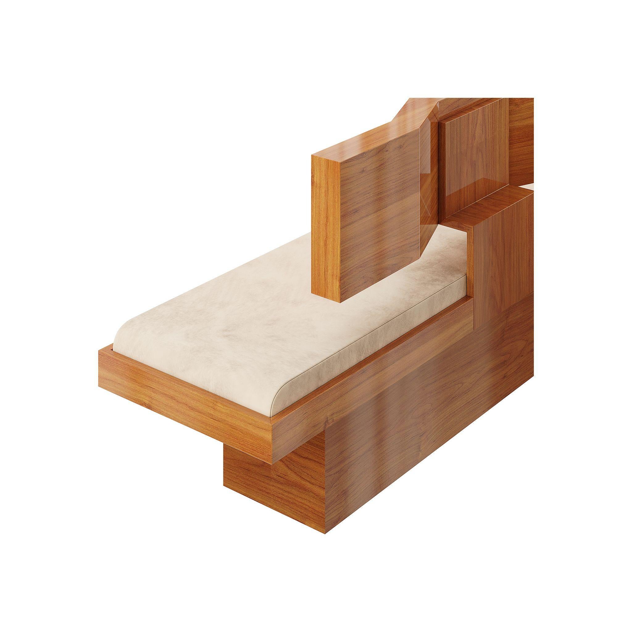 Hand-Crafted 21st Century Modern Cherry Wood Bench Cream Velvet Seat Arts & Crafts Style For Sale
