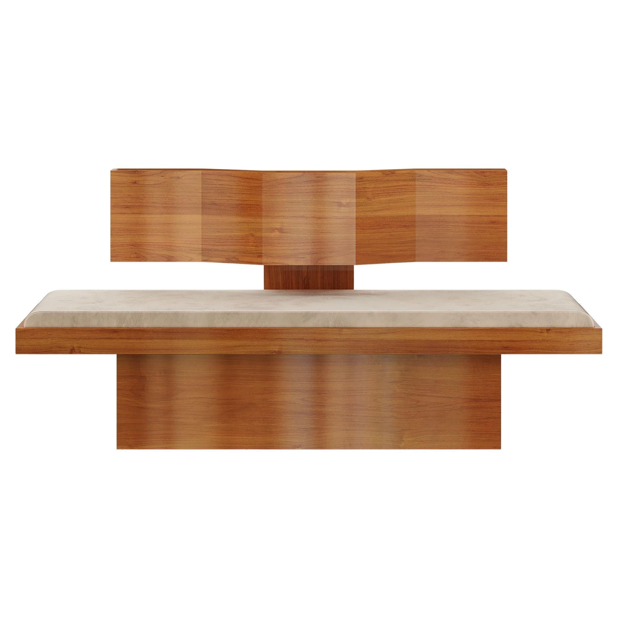 21st Century Modern Cherry Wood Bench Cream Velvet Seat Arts & Crafts Style For Sale