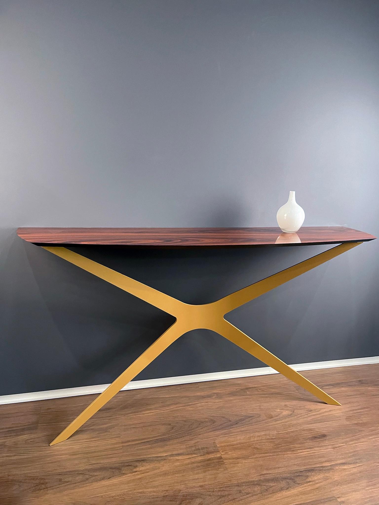 Portuguese Modern Minimalist Console Table in High-Gloss Ironwood and Gold Lacquered Steel For Sale