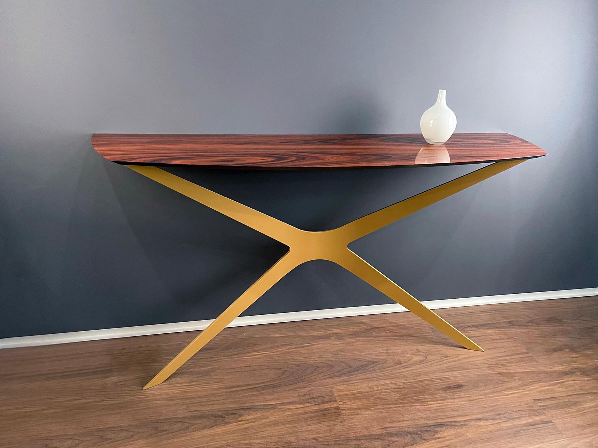 Hand-Crafted Modern Minimalist Console Table in High-Gloss Ironwood and Gold Lacquered Steel For Sale