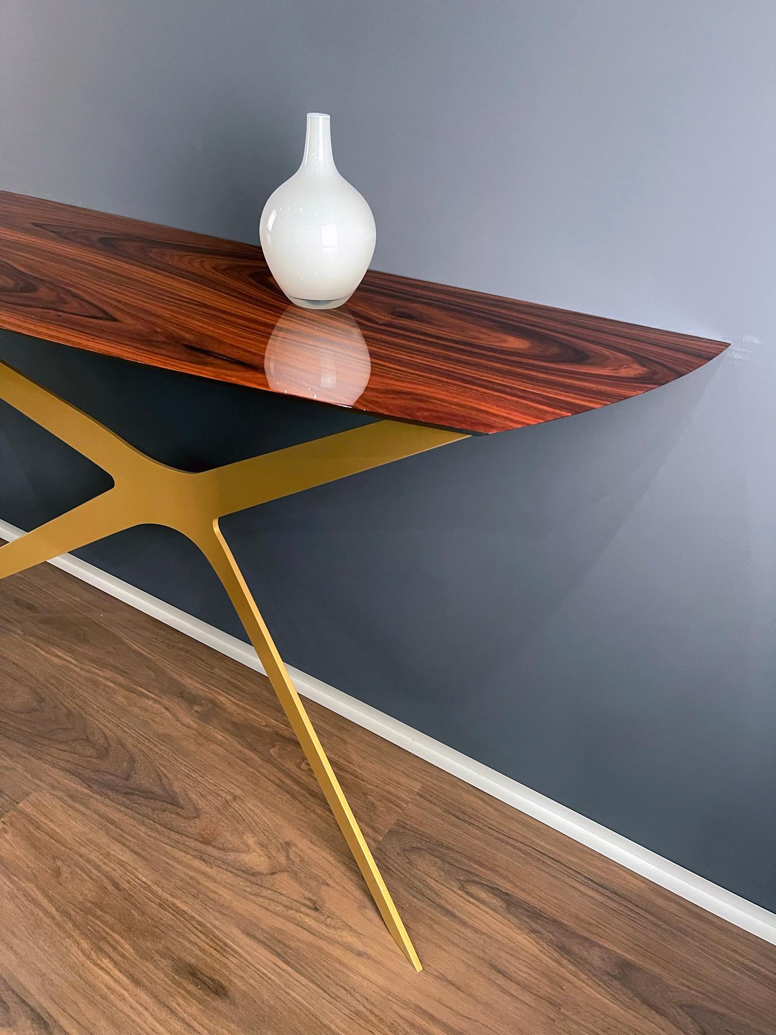 Contemporary Modern Minimalist Console Table in High-Gloss Ironwood and Gold Lacquered Steel For Sale