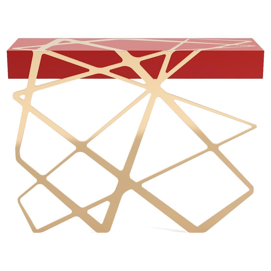 21st Century Modern Console Table in Red Lacquer and Brass